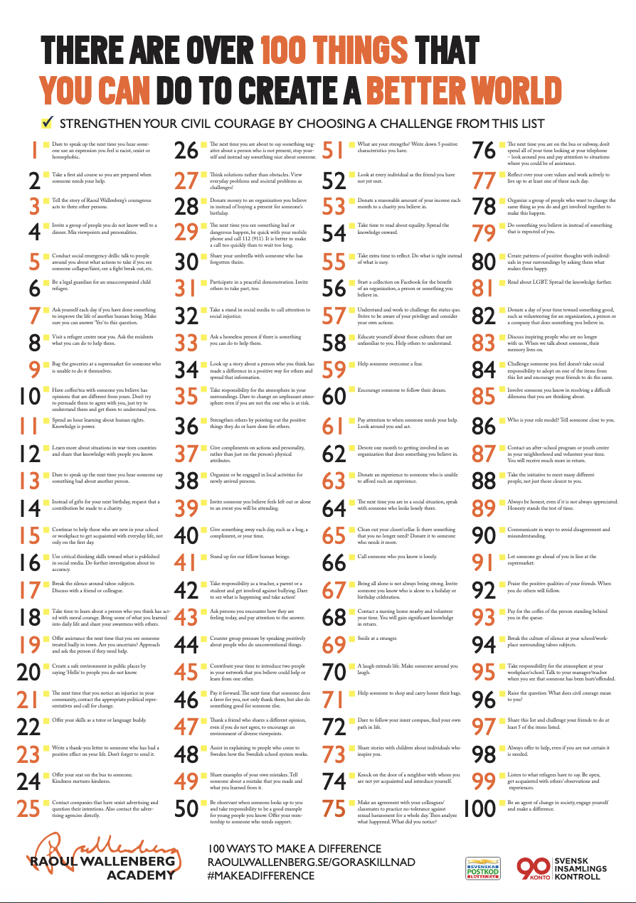 Photo of a list with '100 Things' to create a better world from the Raoul Wallenberg Academy